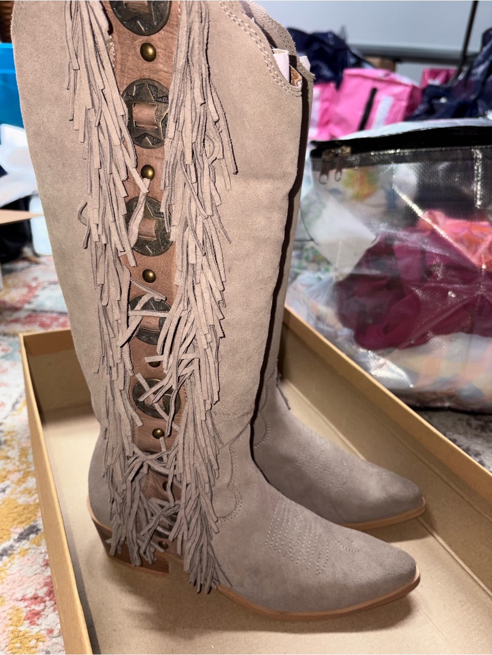 NIB NAUGHTY MONKEY RODEO DOLL TAUPE COWGIRL BOOTS Taupe Fringe TRIM - Picture 2 of 8